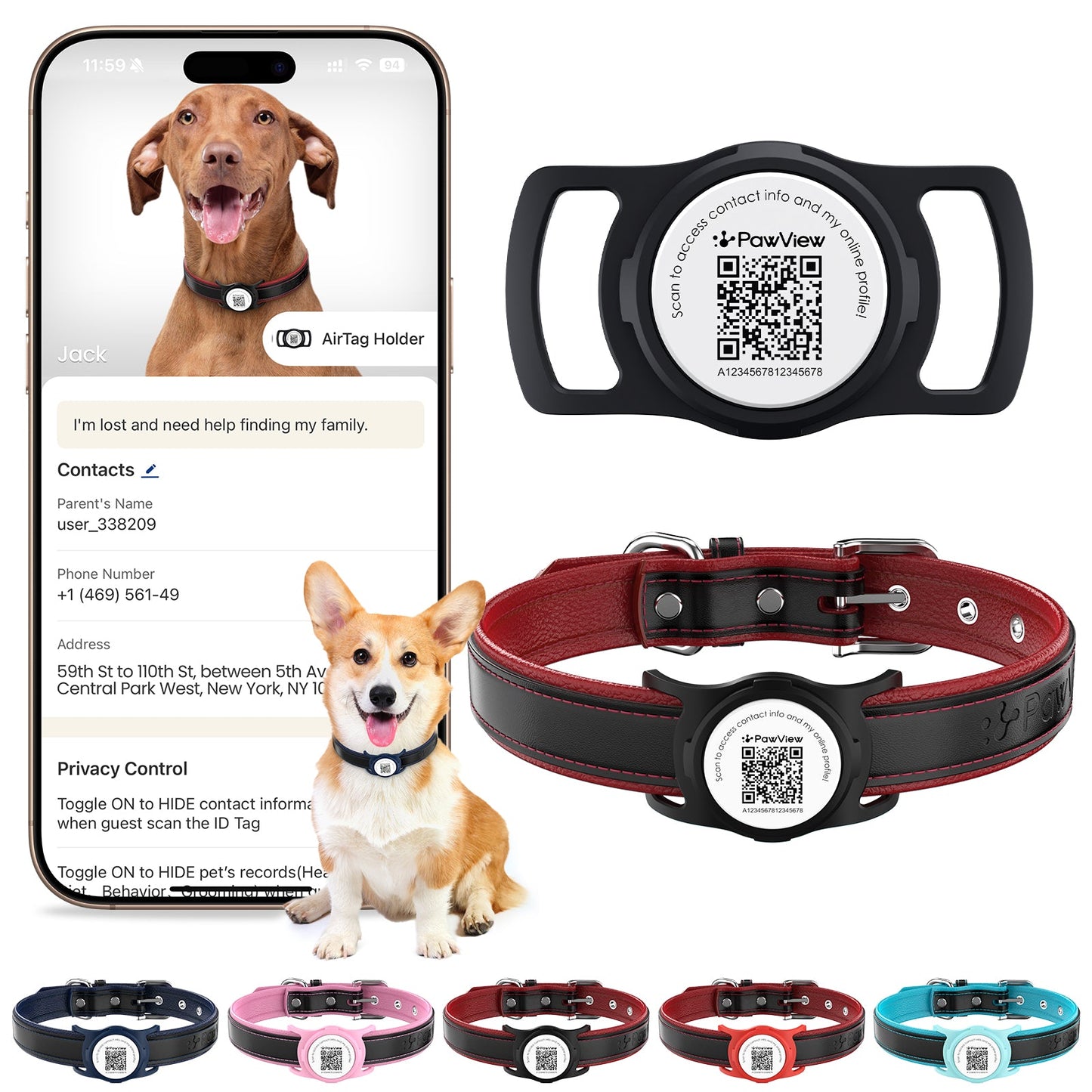 PawView Genuine Leather Collection Dog Collar with Smart AirTag Holder