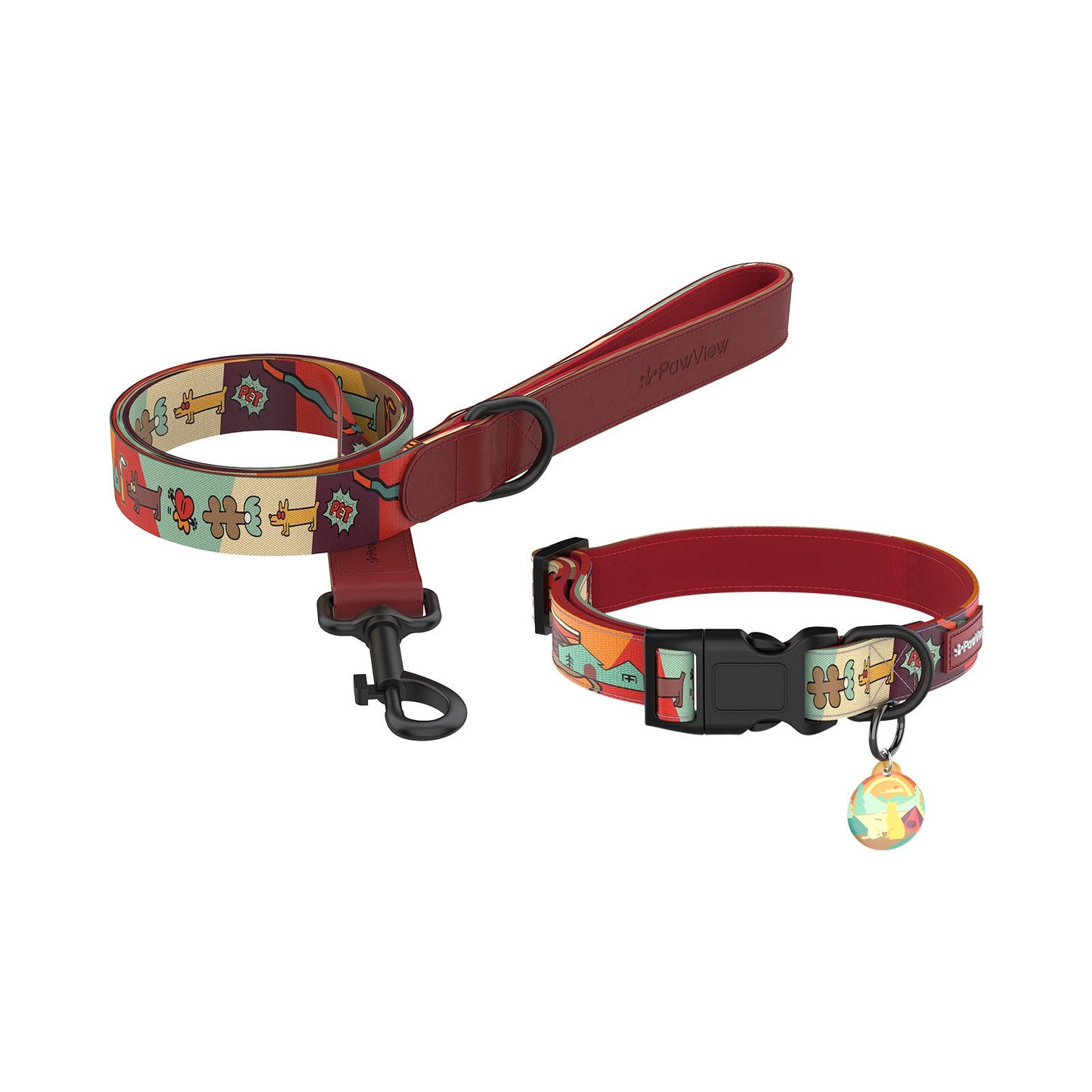 PawView Time Series Dog Collar & Leash with QR ID Tag – Sunrise Design