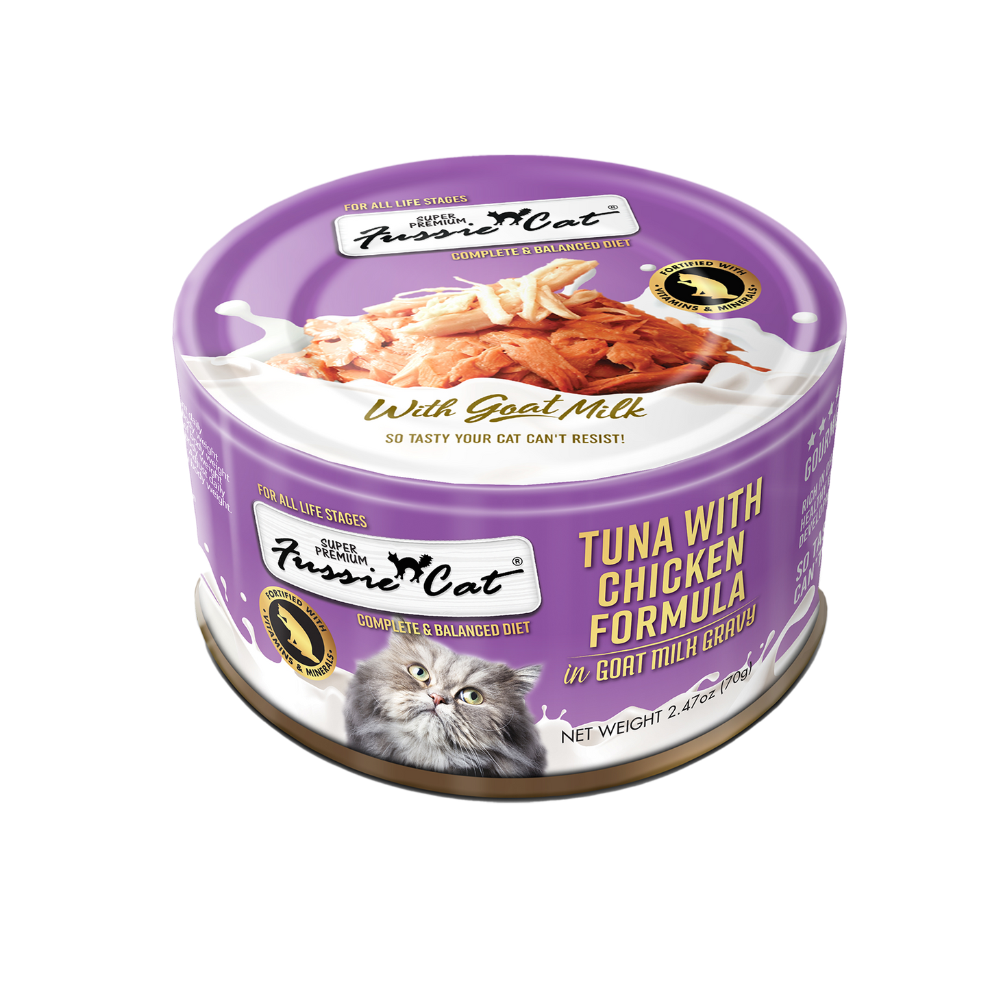 Fussie Cat Tuna With Chicken Formula In Goat Milk Gravy, Wet Cat Food, 2.47-oz Case Of 24