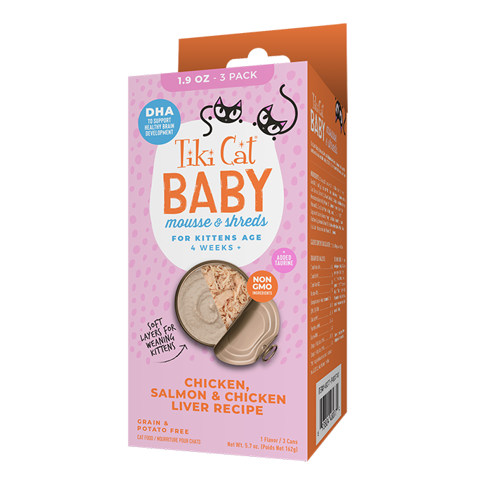 Tiki Cat Baby Kitten Mousse And Shreds with Chicken, Salmon And Chicken Liver Recipe, Wet Cat Food, 1.9-oz 3-Count