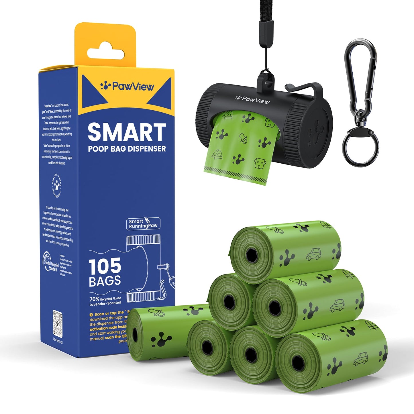 Smart Dog Poop Bag Dispenser – With Carabiner & Rotating Hook for Ultimate Flexibility | 105 Eco Bags & NFC Walk Tracker Included
