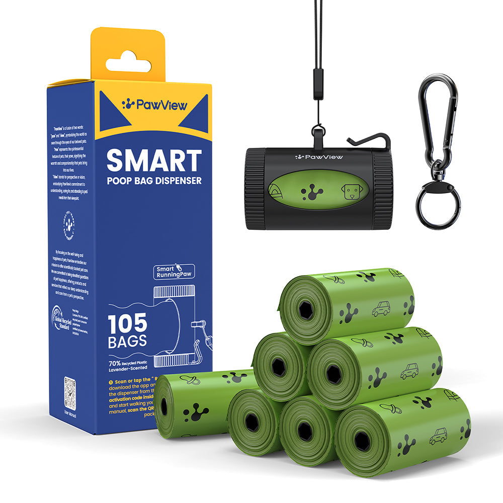 Smart Dog Poop Bag Dispenser – With Carabiner & Rotating Hook for Ultimate Flexibility | 105 Eco Bags & NFC Walk Tracker Included