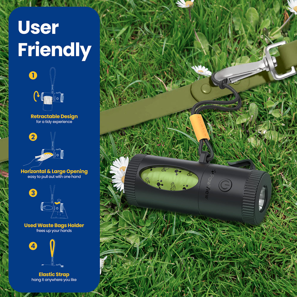 PawView Smart Poop Bag Dispenser, with Retractable Function, Built-in Flashlight, Smart Running Paw