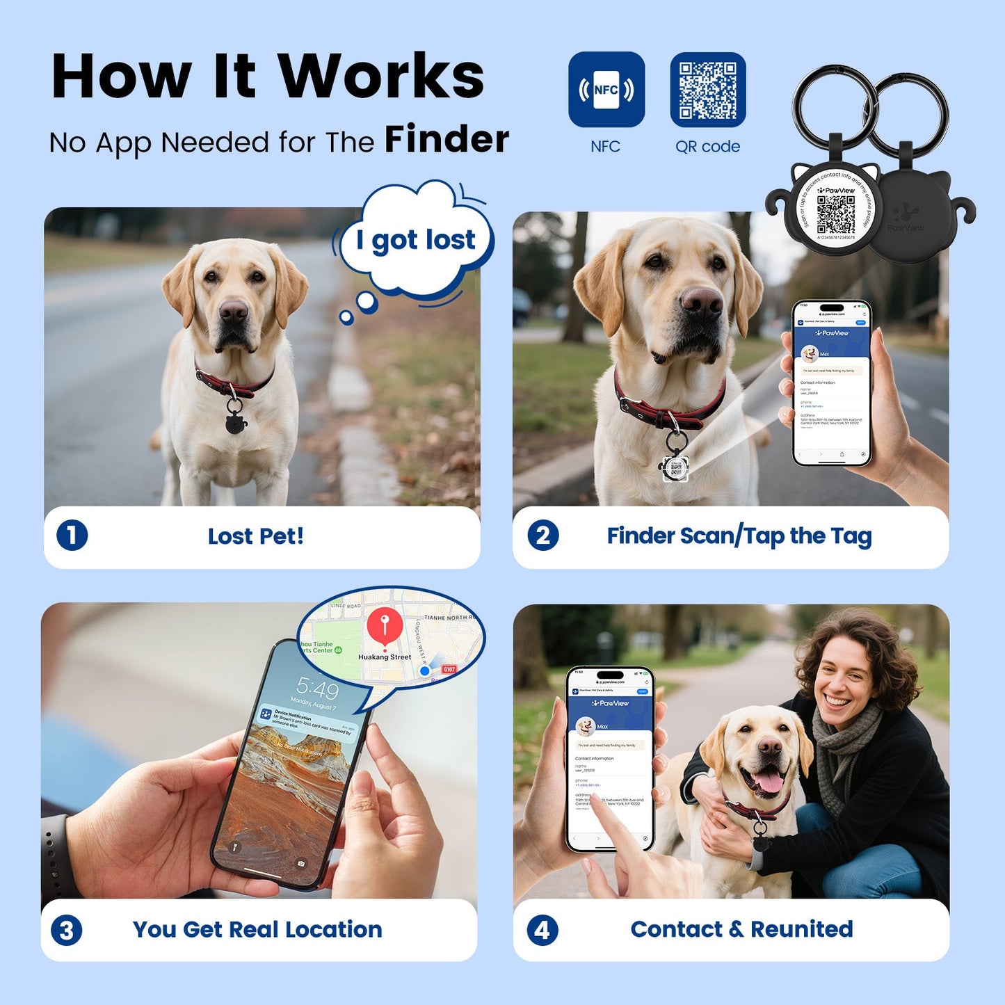 PawView Silent Silicone Smart Pet ID Tag – Cat-shaped, QR Code & NFC