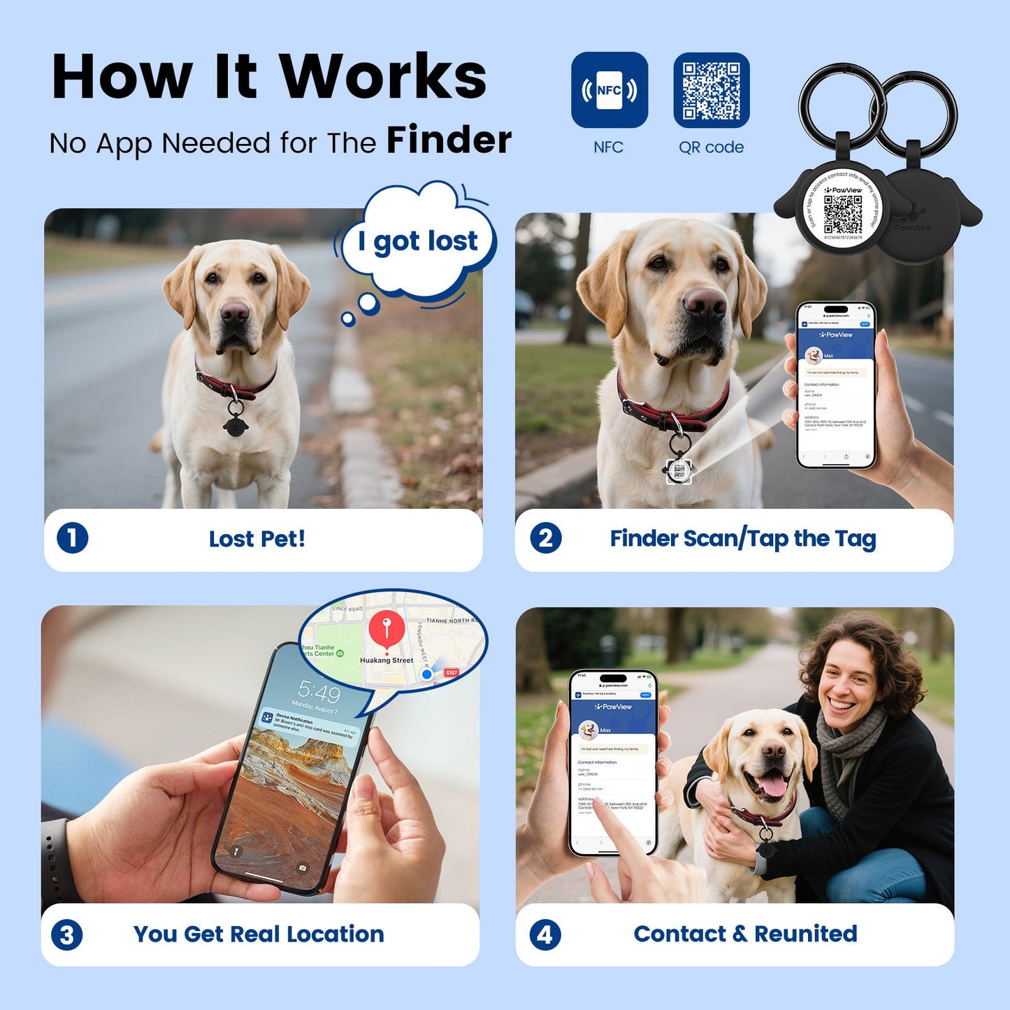 PawView Silent Silicone Smart Pet ID Tag – Dog-shaped, QR Code & NFC