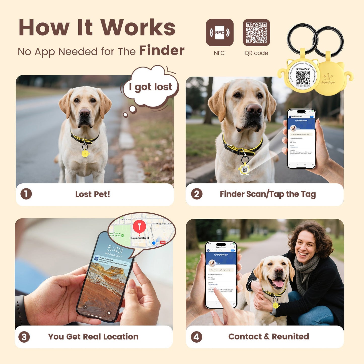 PawView Silent Silicone Smart Pet ID Tag – Cat-shaped, QR Code & NFC