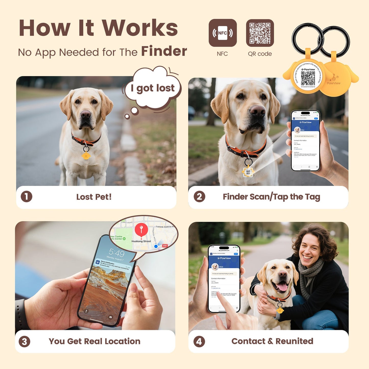 PawView Silent Silicone Smart Pet ID Tag – Dog-shaped, QR Code & NFC