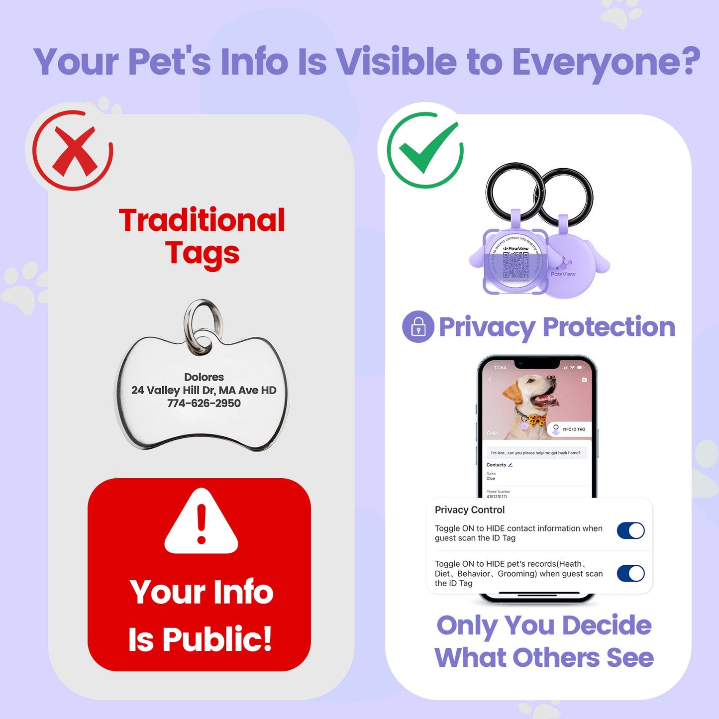 PawView Silent Silicone Smart Pet ID Tag – Dog-shaped, QR Code & NFC