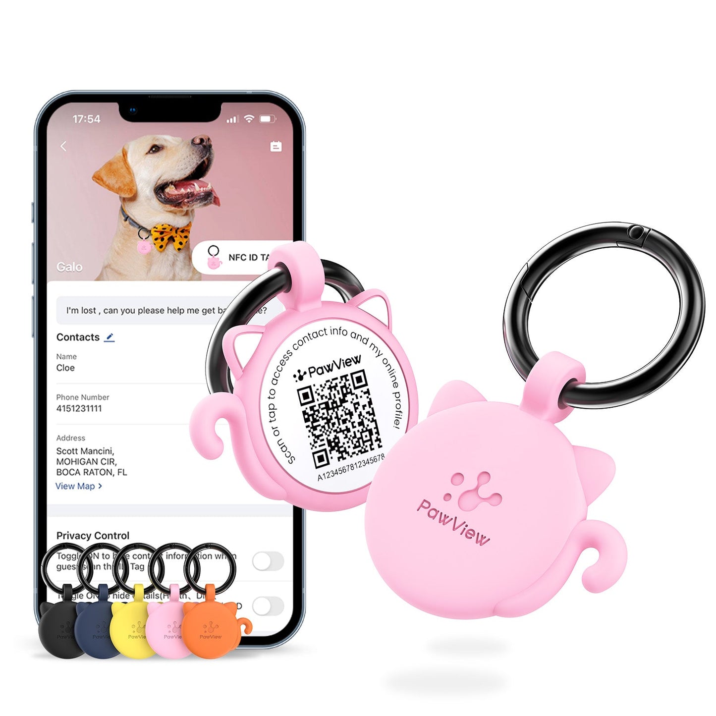 PawView Silent Silicone Smart Pet ID Tag – Cat-shaped, QR Code & NFC