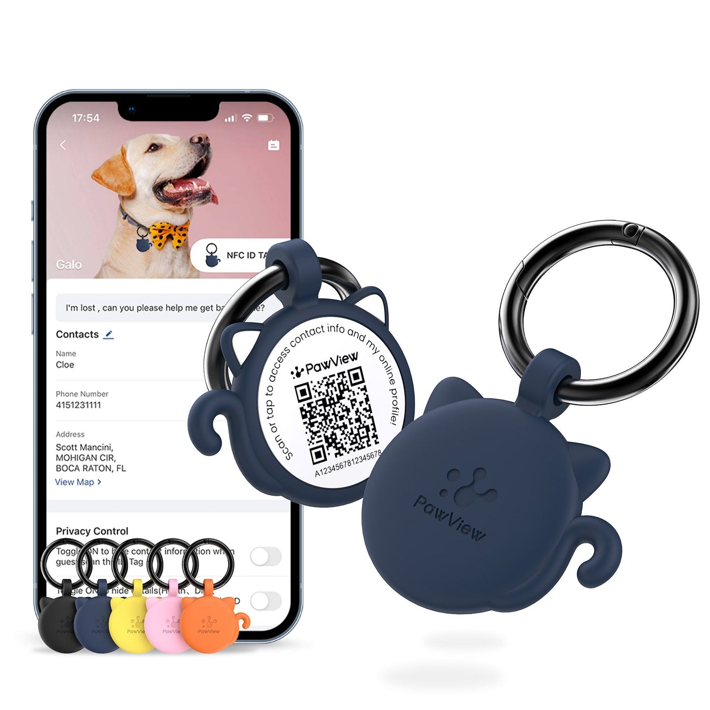 PawView Silent Silicone Smart Pet ID Tag – Cat-shaped, QR Code & NFC