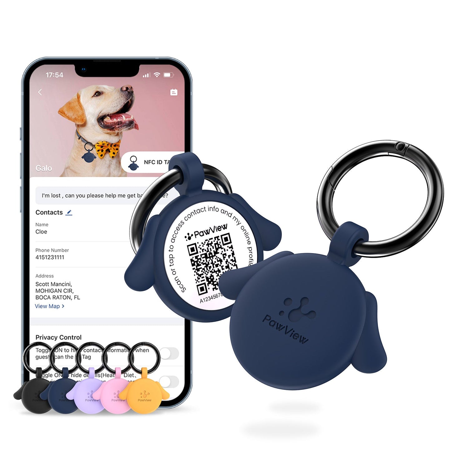 PawView Silent Silicone Smart Pet ID Tag – Dog-shaped, QR Code & NFC