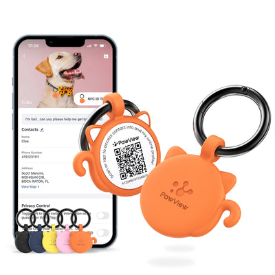 PawView Silent Silicone Smart Pet ID Tag – Cat-shaped, QR Code & NFC