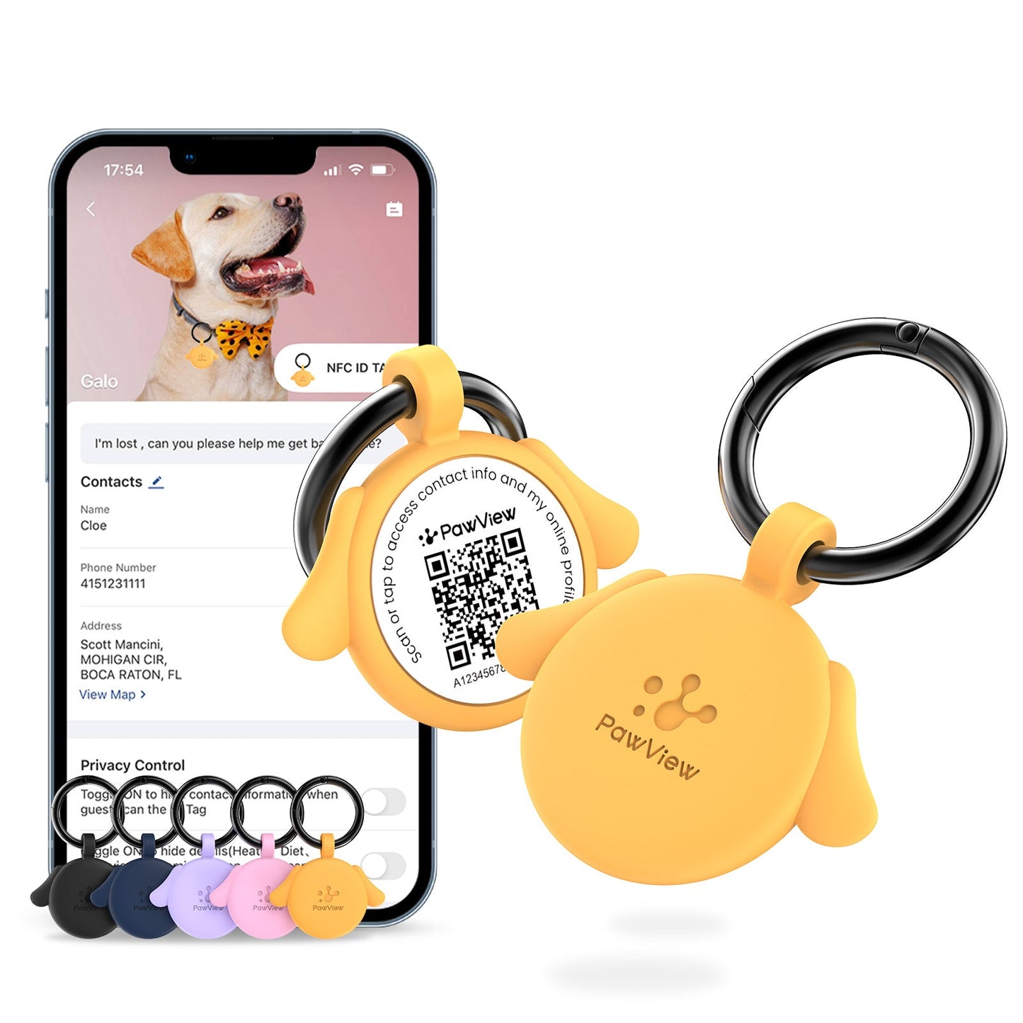 PawView Silent Silicone Smart Pet ID Tag – Dog-shaped, QR Code & NFC