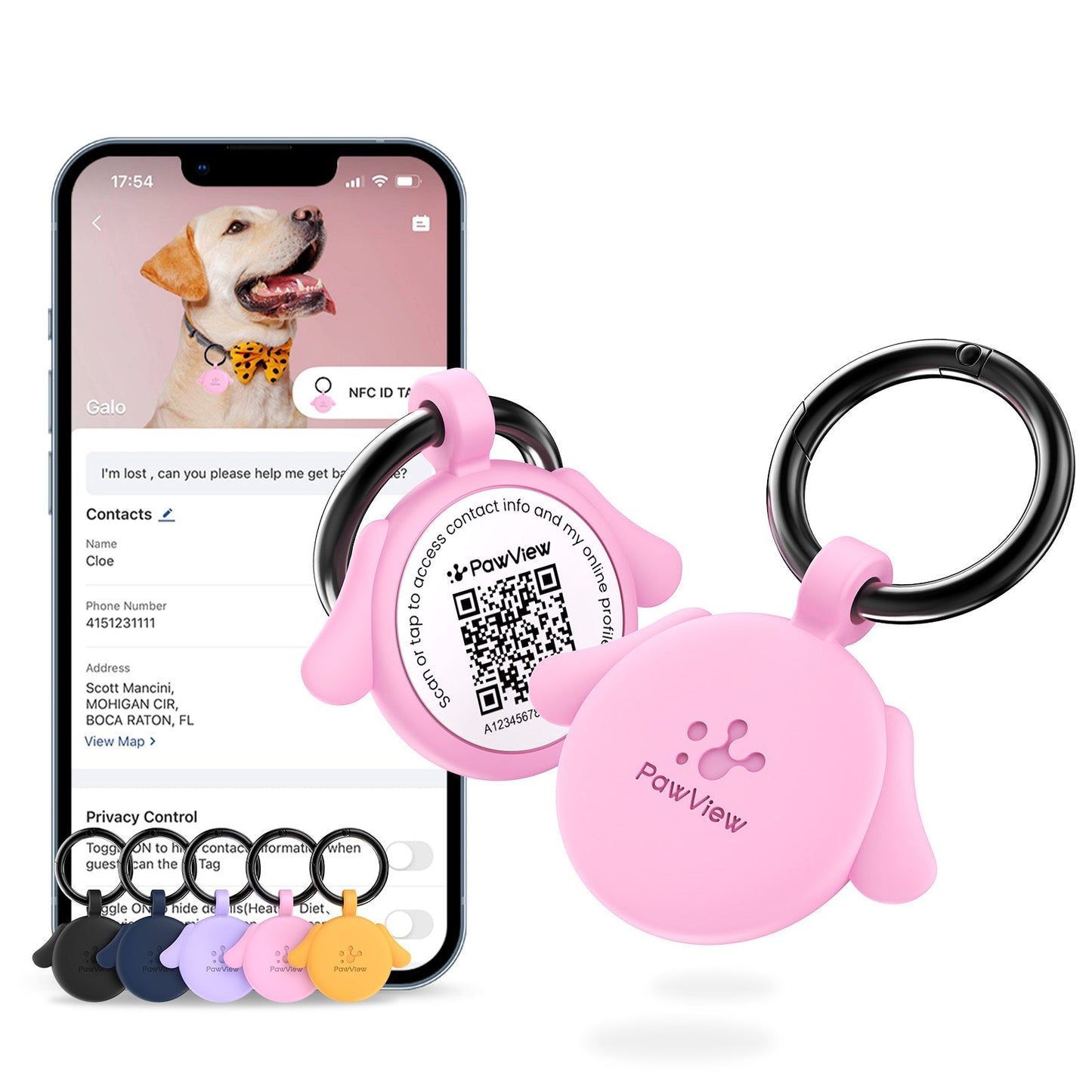 PawView Silent Silicone Smart Pet ID Tag – Dog-shaped, QR Code & NFC