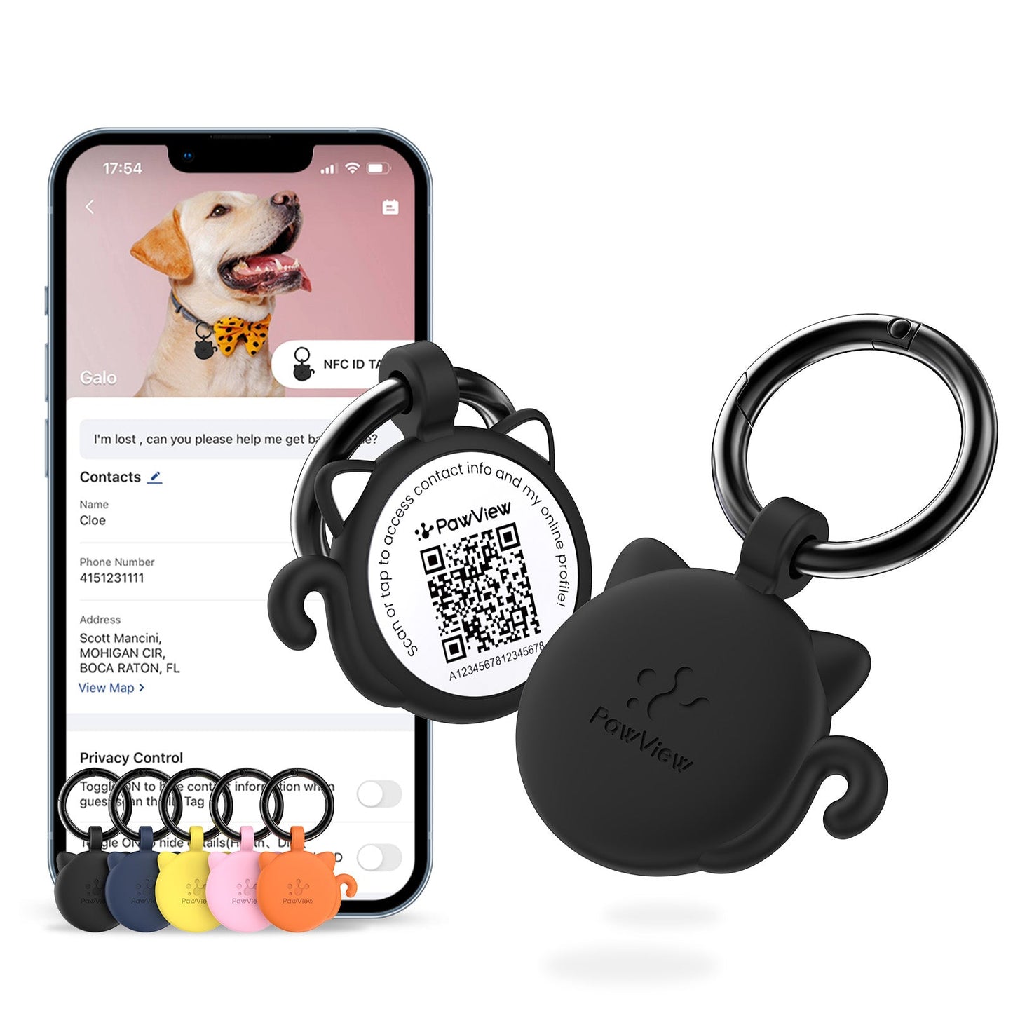 PawView Silent Silicone Smart Pet ID Tag – Cat-shaped, QR Code & NFC
