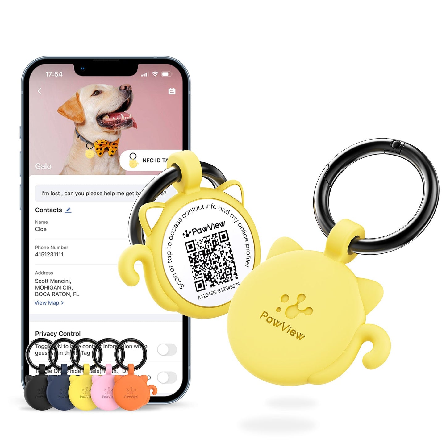 PawView Silent Silicone Smart Pet ID Tag – Cat-shaped, QR Code & NFC
