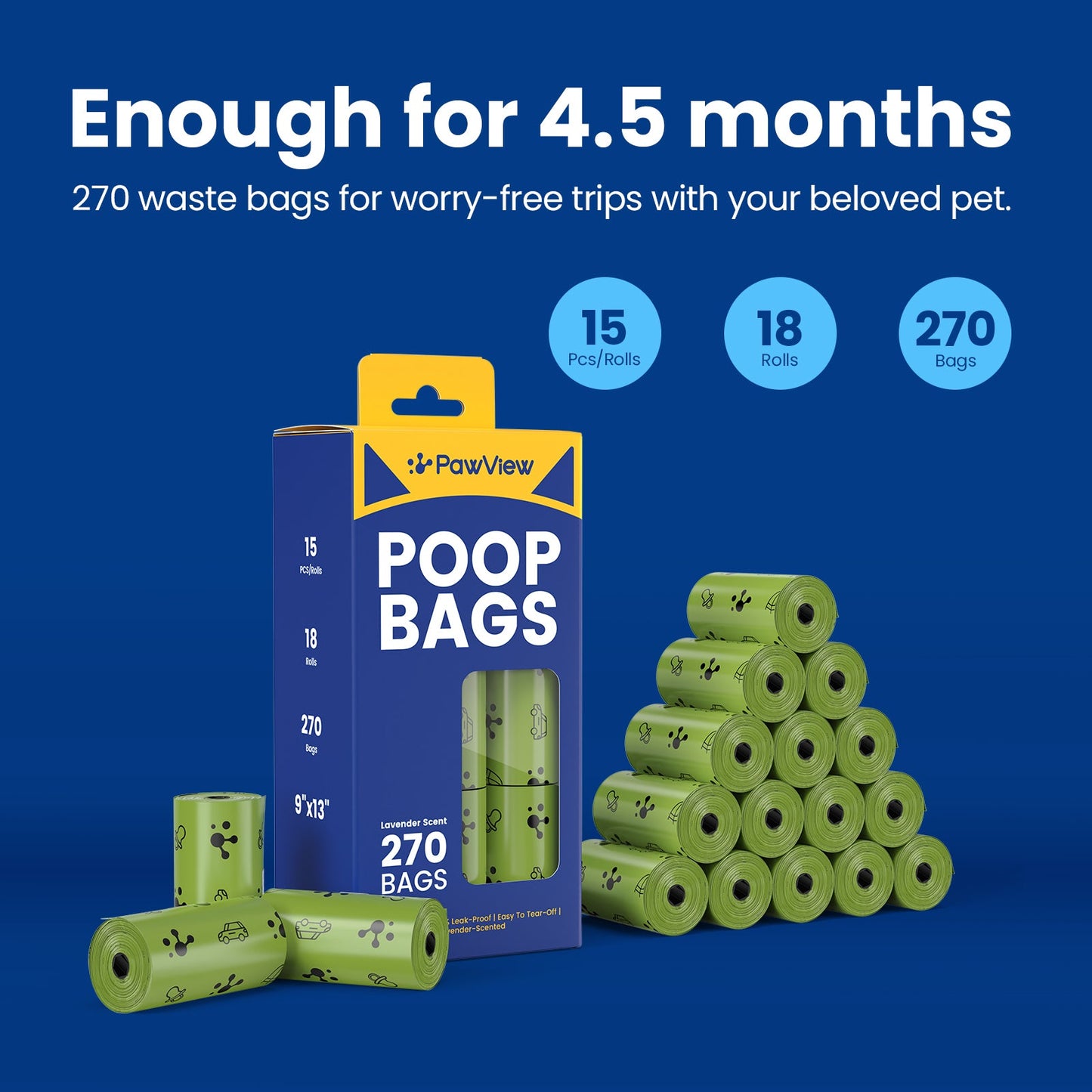 PawView Dog Poop Bags, Guaranteed Leak Proof and Extra Thick Poop Bag Rolls for Dogs, Lavender Scented, 120 Count, 270 Count, 315 Count