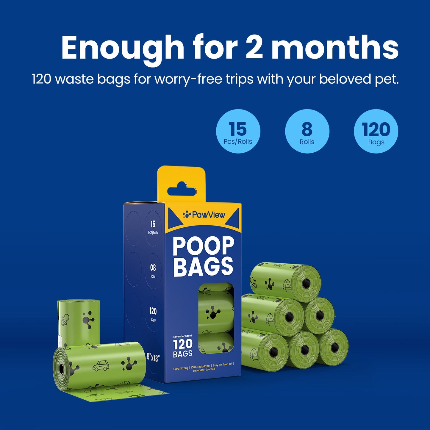 PawView Dog Poop Bags, Guaranteed Leak Proof and Extra Thick Poop Bag Rolls for Dogs, Lavender Scented, 120 Count, 270 Count, 315 Count