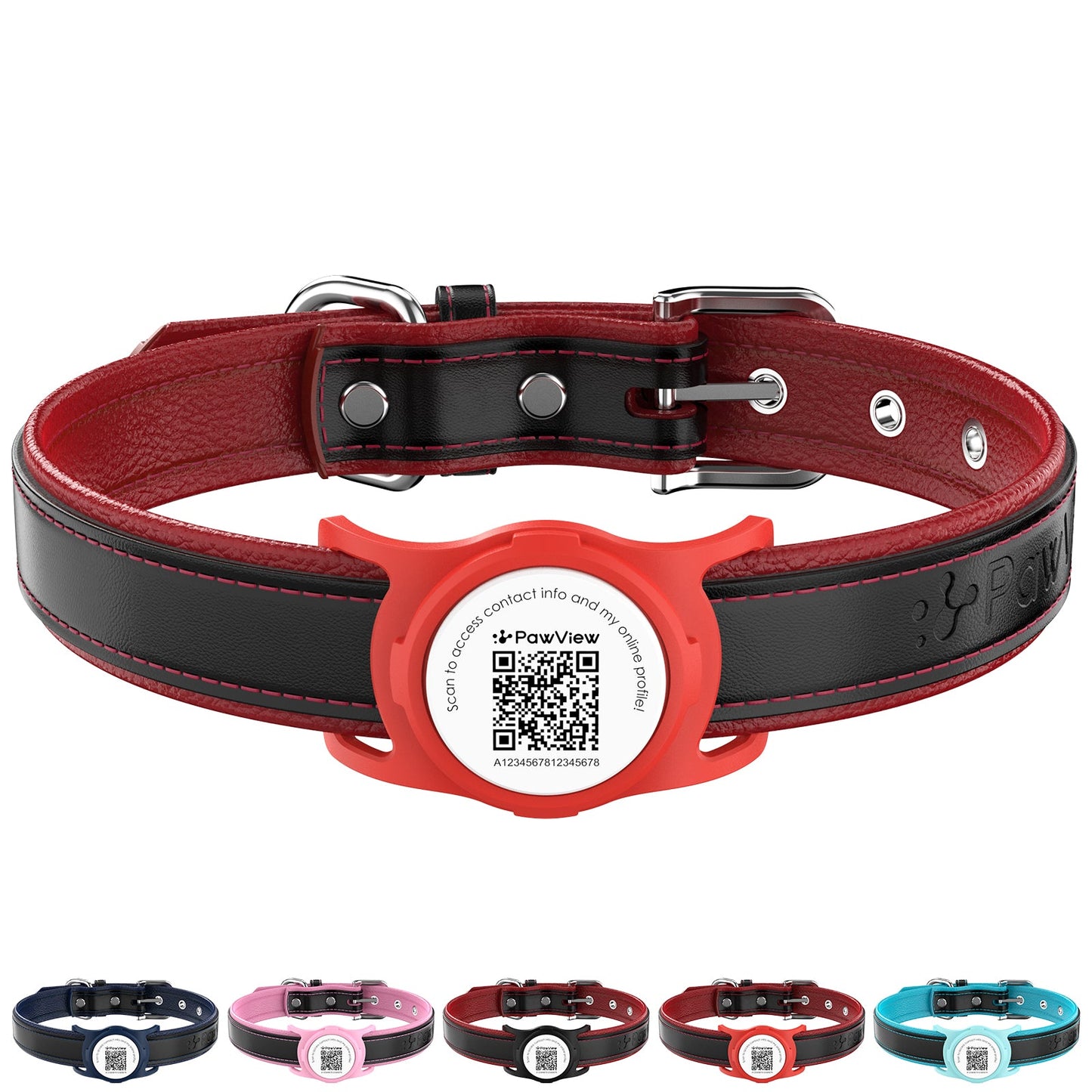 PawView Genuine Leather Collection Dog Collar with Smart AirTag Holder