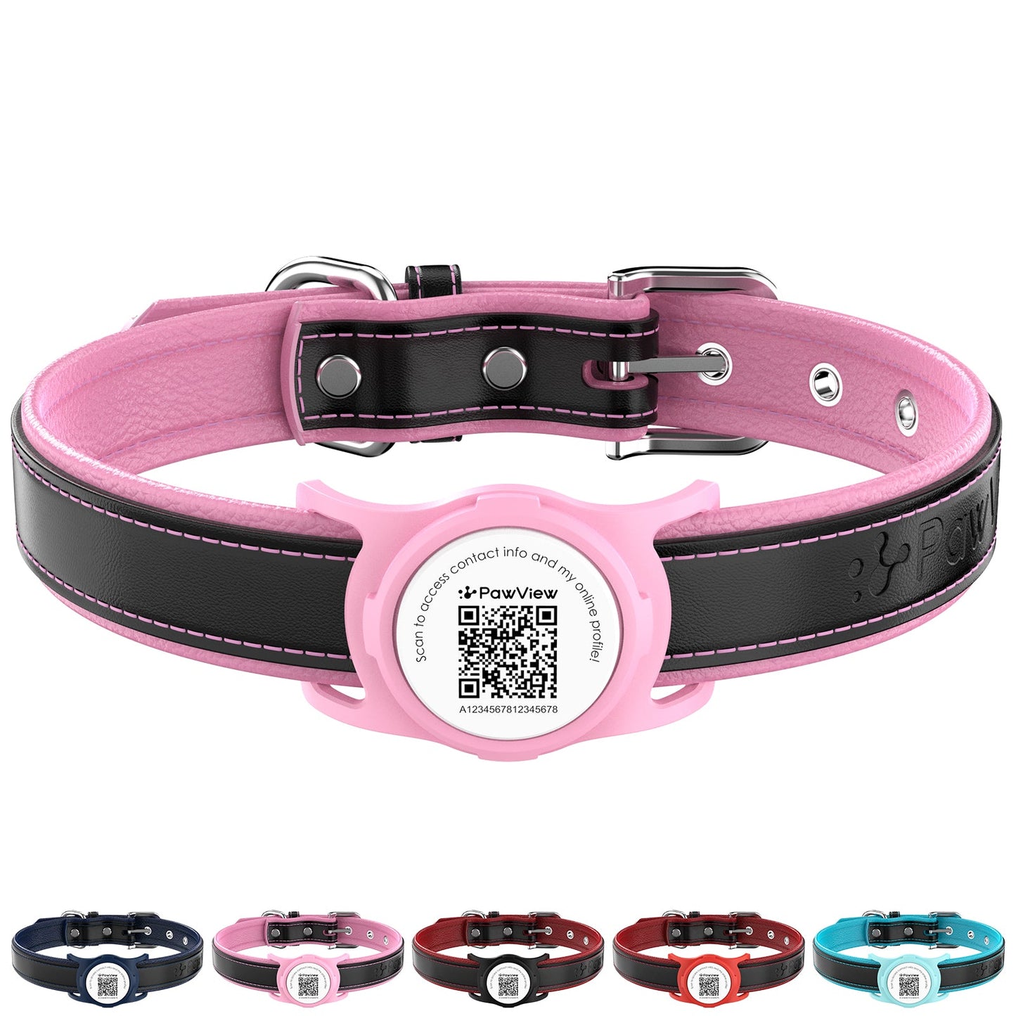 PawView Genuine Leather Collection Dog Collar with Smart AirTag Holder