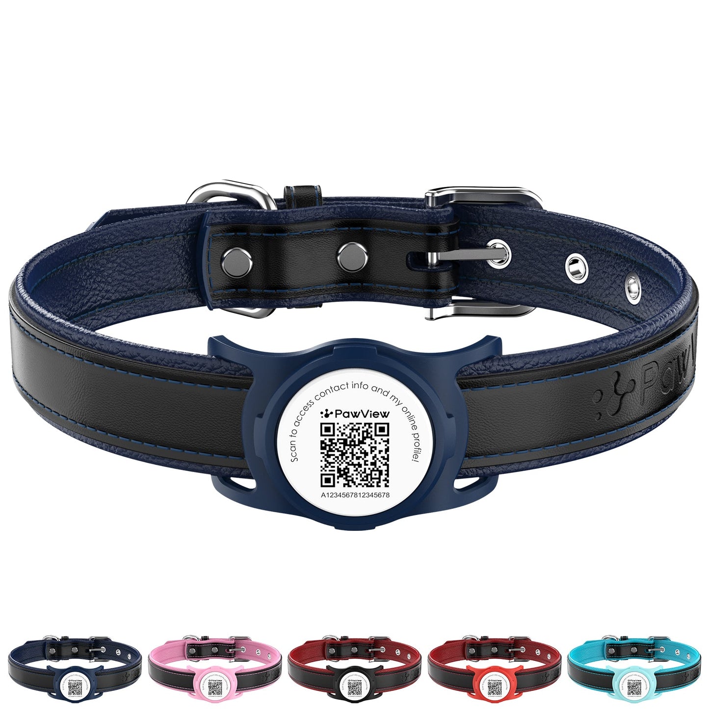 PawView Genuine Leather Collection Dog Collar with Smart AirTag Holder