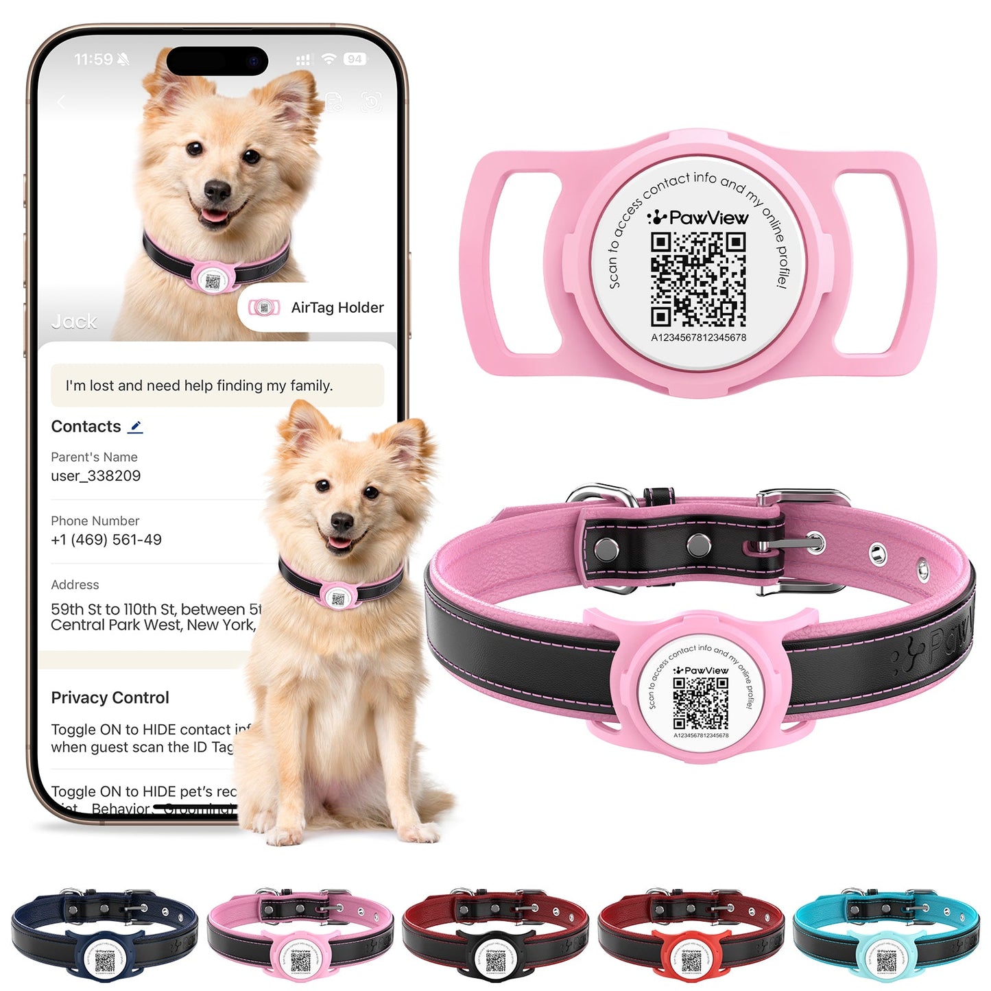 PawView Genuine Leather Collection Dog Collar with Smart AirTag Holder