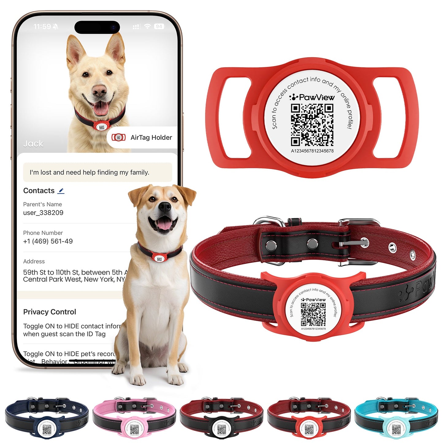 PawView Genuine Leather Collection Dog Collar with Smart AirTag Holder