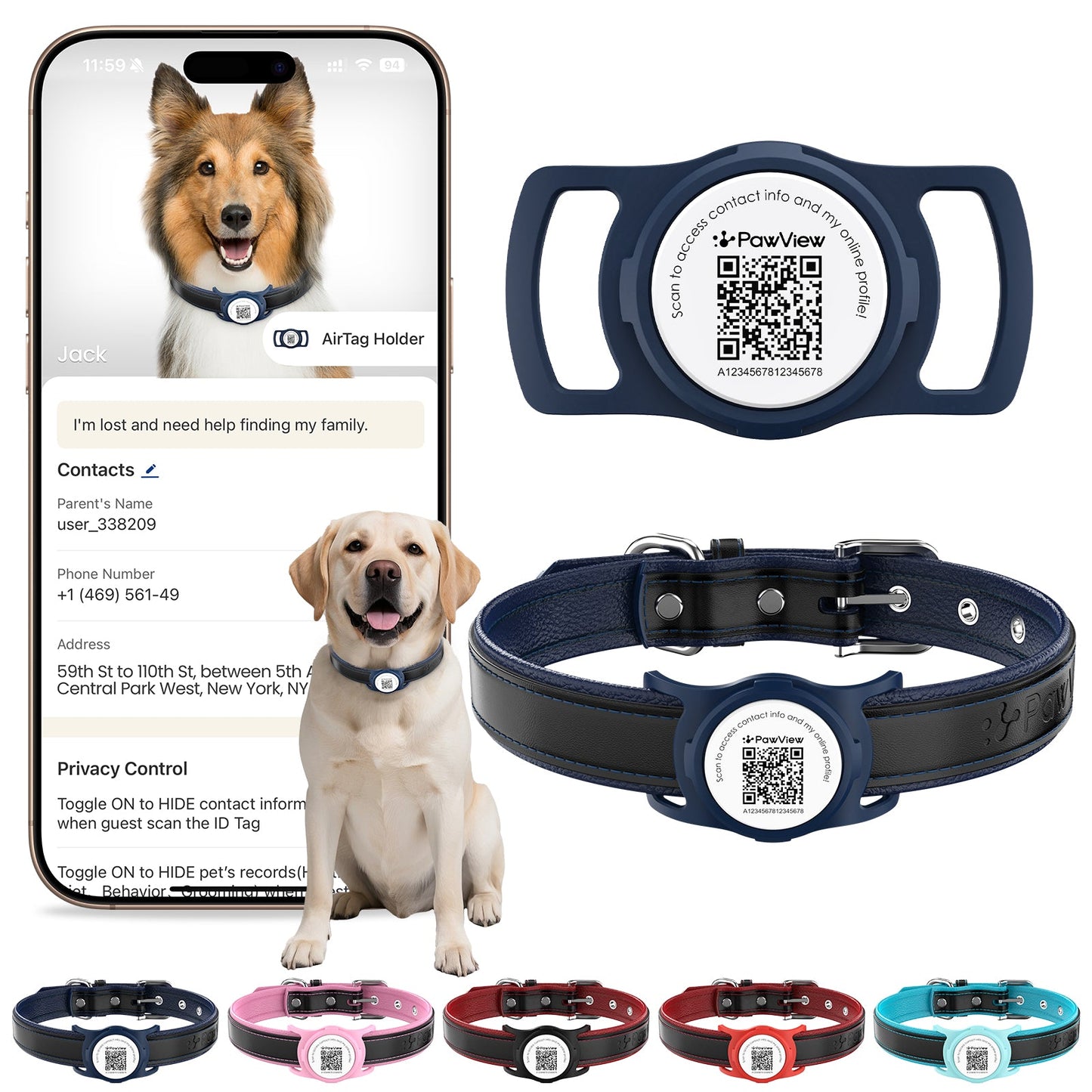 PawView Genuine Leather Collection Dog Collar with Smart AirTag Holder
