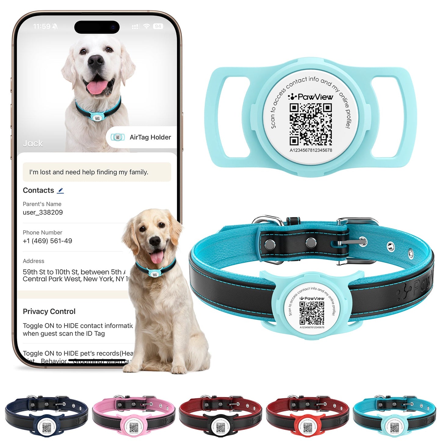 PawView Genuine Leather Collection Dog Collar with Smart AirTag Holder