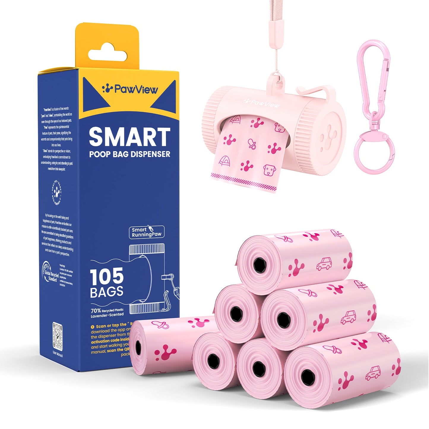 Smart Dog Poop Bag Dispenser – With Carabiner & Rotating Hook for Ultimate Flexibility | 105 Eco Bags & NFC Walk Tracker Included