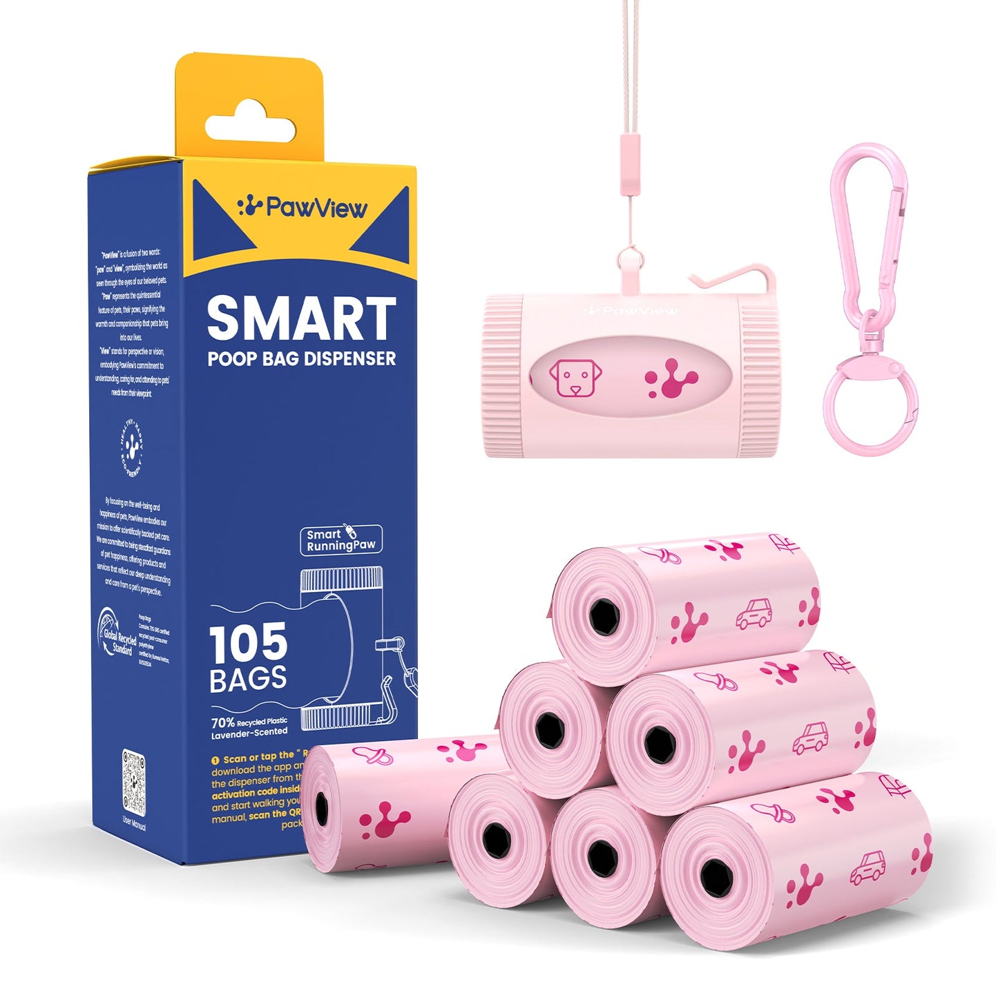 Smart Dog Poop Bag Dispenser – With Carabiner & Rotating Hook for Ultimate Flexibility | 105 Eco Bags & NFC Walk Tracker Included