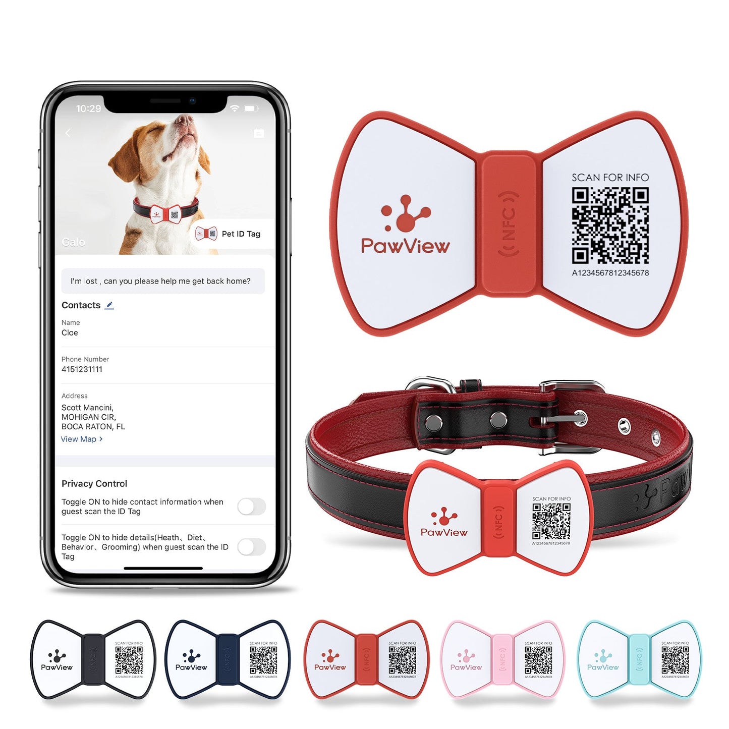 PawView Silent Silicone Smart Pet ID Tag – Bow Tie Style, QR Code & NFC