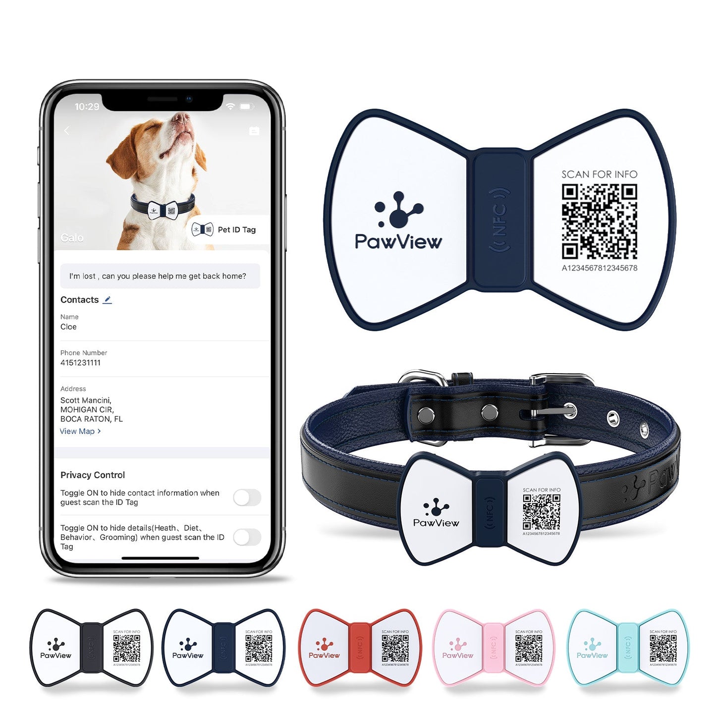 PawView Silent Silicone Smart Pet ID Tag – Bow Tie Style, QR Code & NFC