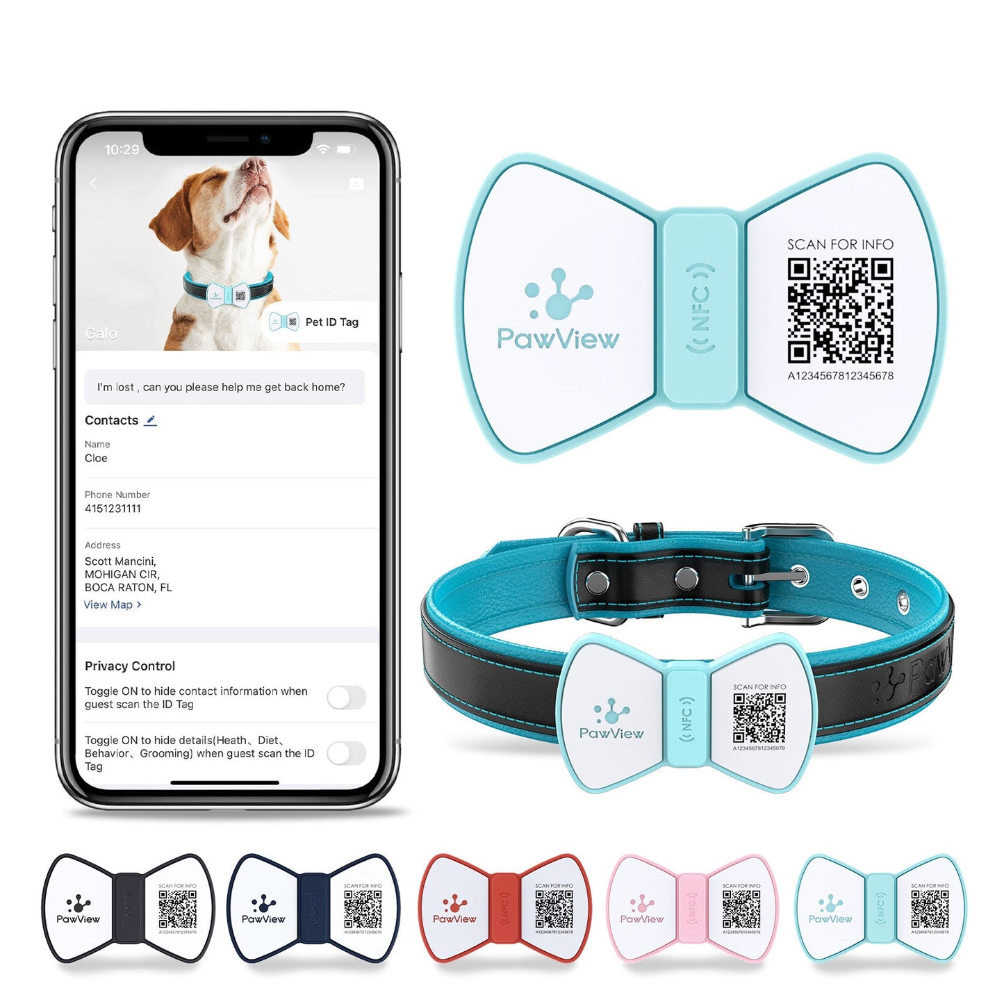 PawView Silent Silicone Smart Pet ID Tag – Bow Tie Style, QR Code & NFC