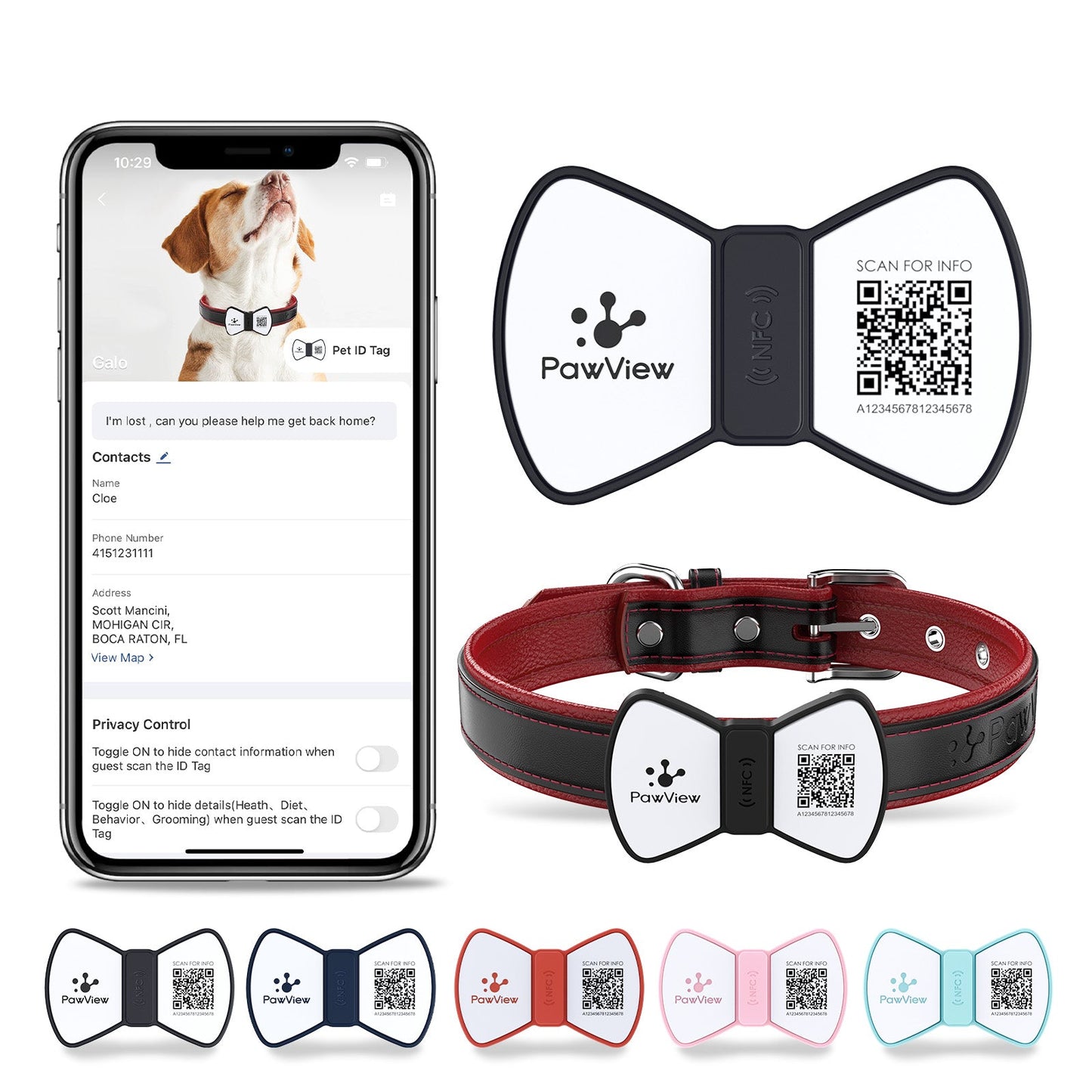 PawView Silent Silicone Smart Pet ID Tag – Bow Tie Style, QR Code & NFC