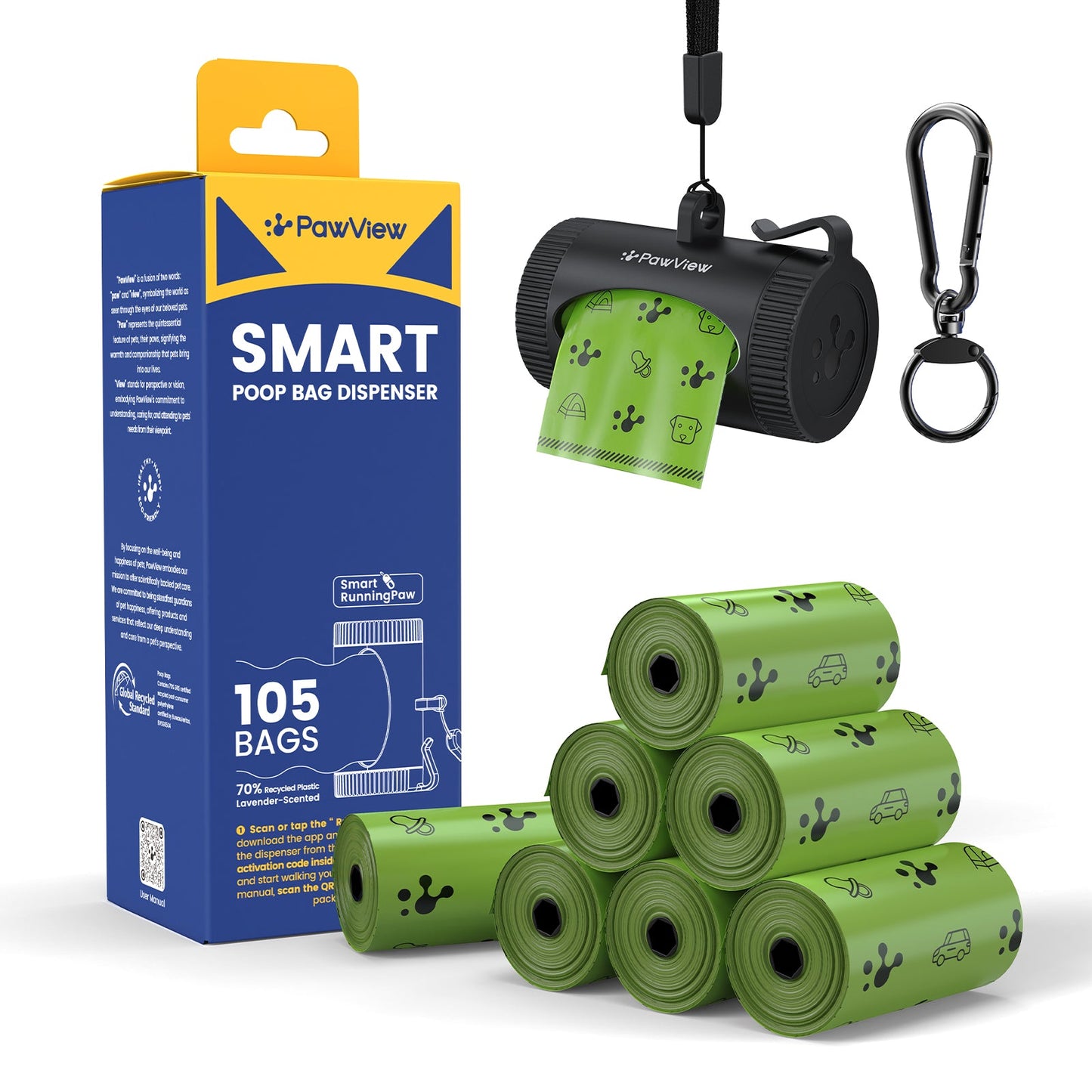 Smart Dog Poop Bag Dispenser – With Carabiner & Rotating Hook for Ultimate Flexibility | 105 Eco Bags & NFC Walk Tracker Included