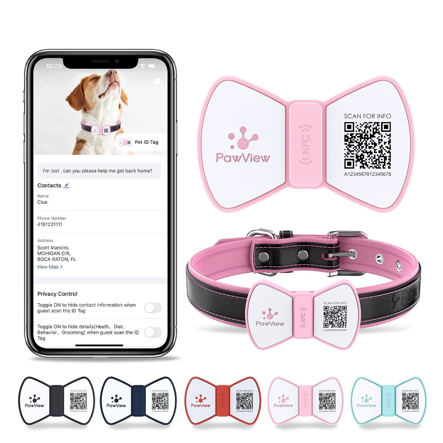 PawView Silent Silicone Smart Pet ID Tag – Bow Tie Style, QR Code & NFC