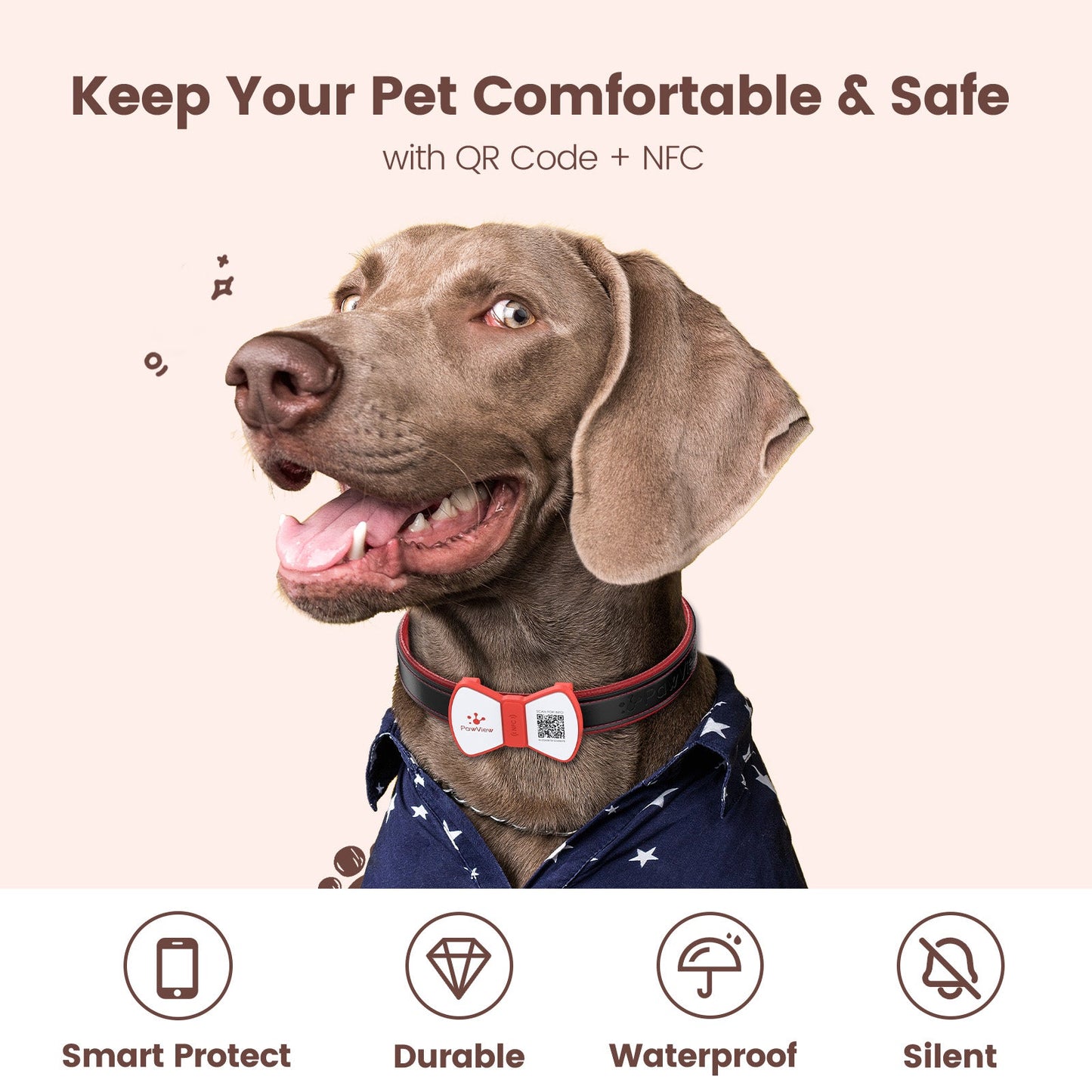 PawView Silent Silicone Smart Pet ID Tag – Bow Tie Style, QR Code & NFC