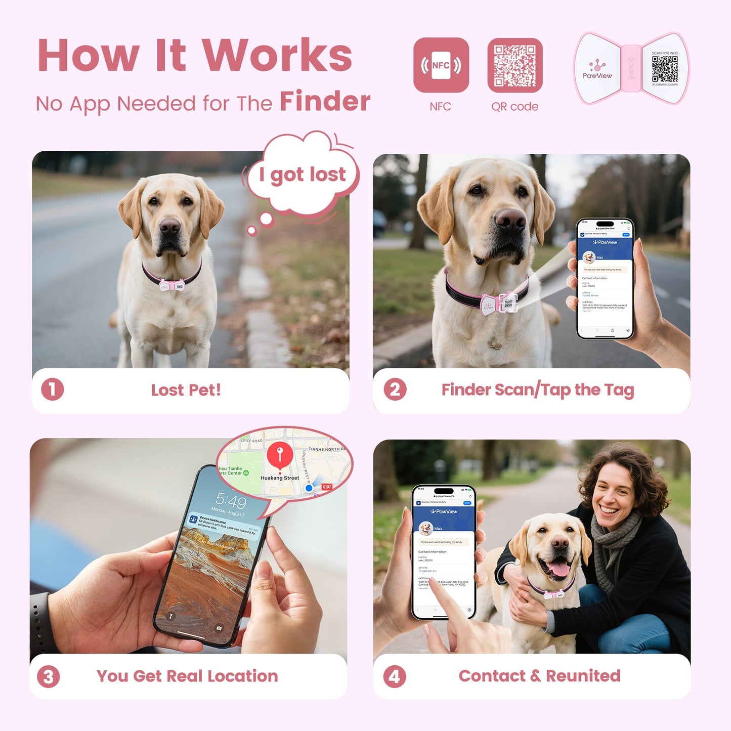 PawView Silent Silicone Smart Pet ID Tag – Bow Tie Style, QR Code & NFC