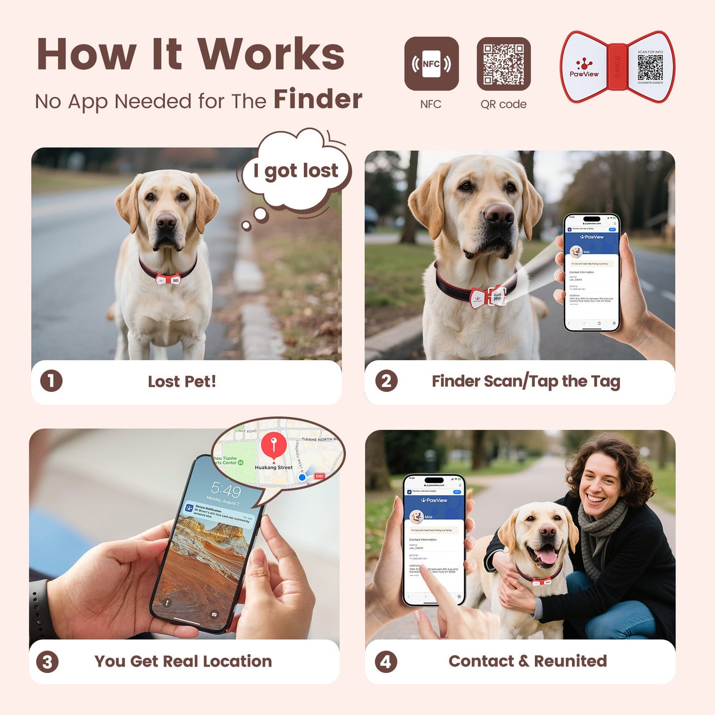 PawView Silent Silicone Smart Pet ID Tag – Bow Tie Style, QR Code & NFC