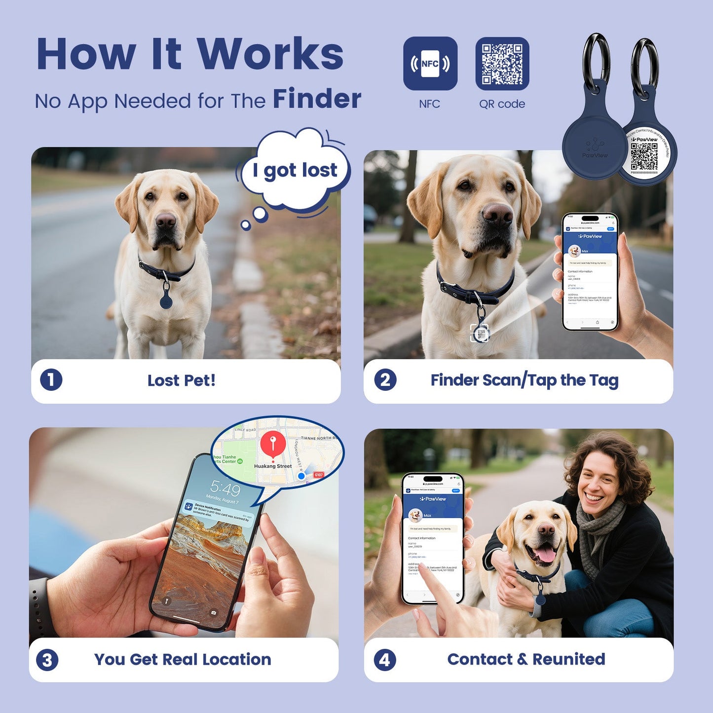 Anti-Loss NFC & QR Code Pet ID Tag, Smart Silent Silicone Pet Tag for Dog and Cat