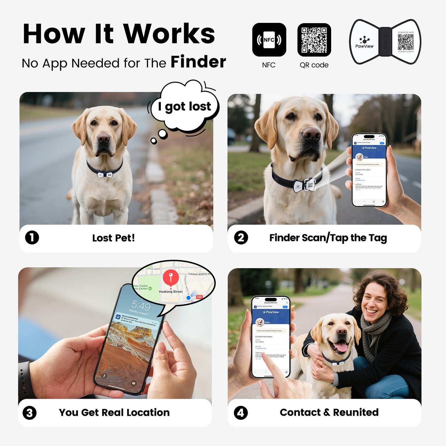 PawView Silent Silicone Smart Pet ID Tag – Bow Tie Style, QR Code & NFC