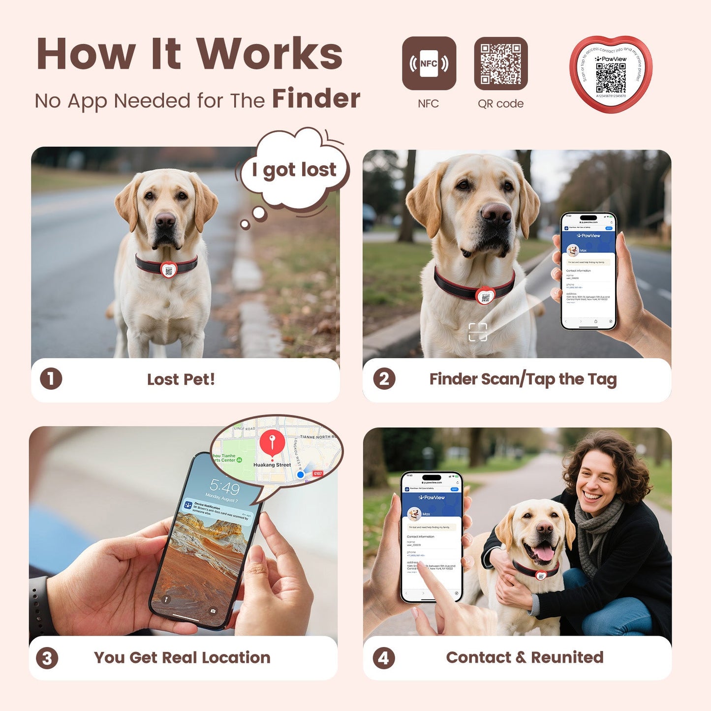PawView Anti-Loss Smart Pet ID Tag with QR Code Heart