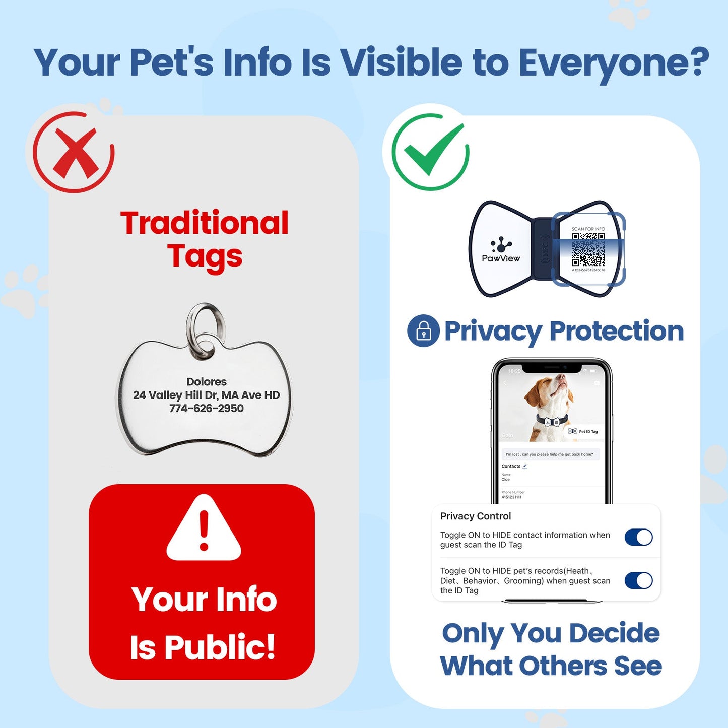 PawView Silent Silicone Smart Pet ID Tag – Bow Tie Style, QR Code & NFC