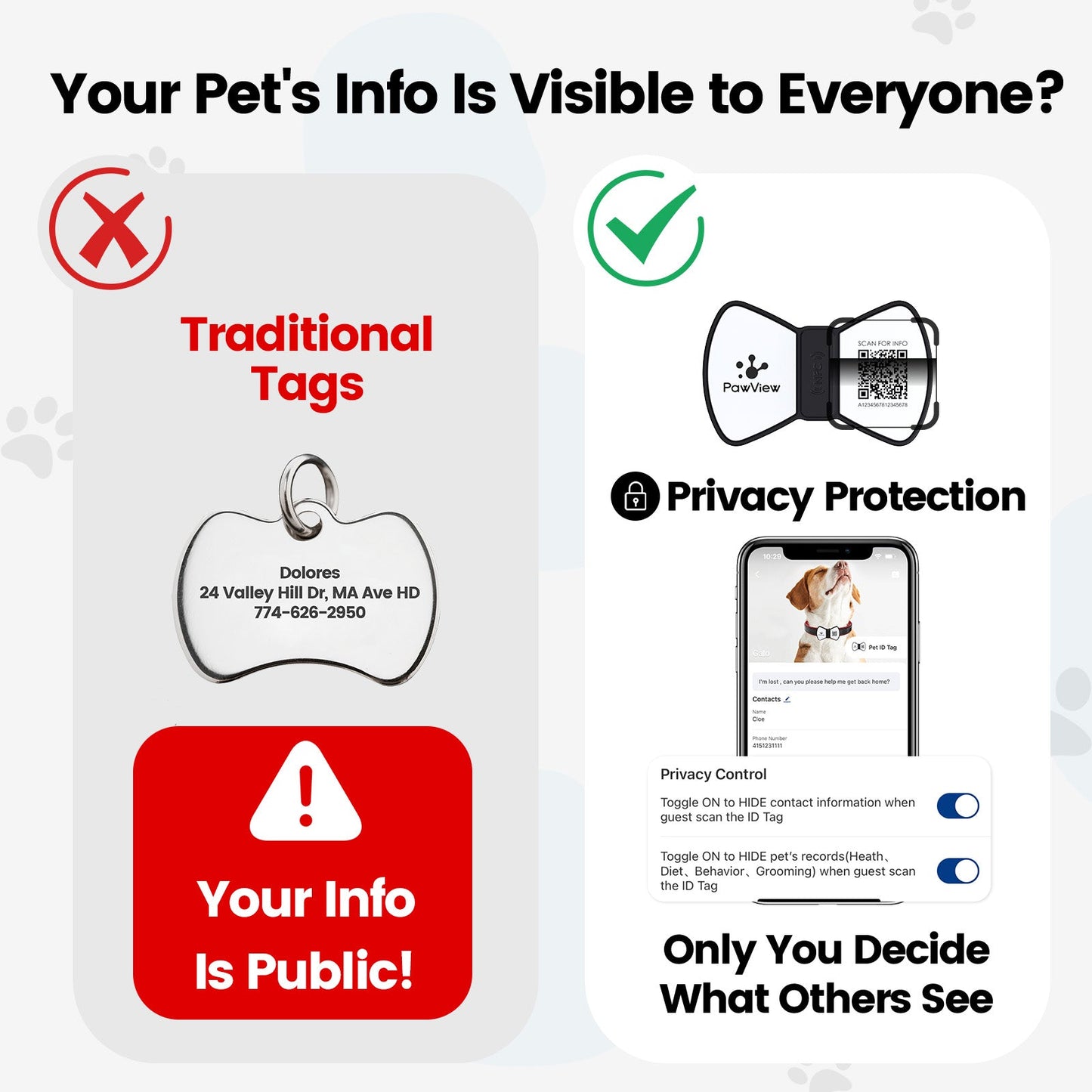 PawView Silent Silicone Smart Pet ID Tag – Bow Tie Style, QR Code & NFC