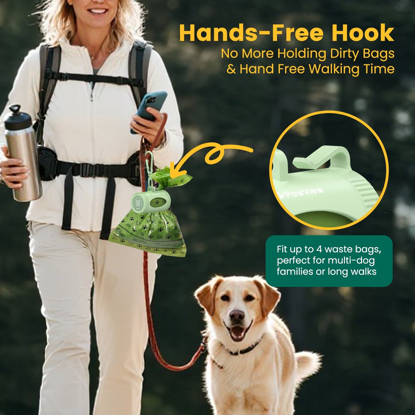 Smart Dog Poop Bag Dispenser – With Carabiner & Rotating Hook for Ultimate Flexibility | 105 Eco Bags & NFC Walk Tracker Included