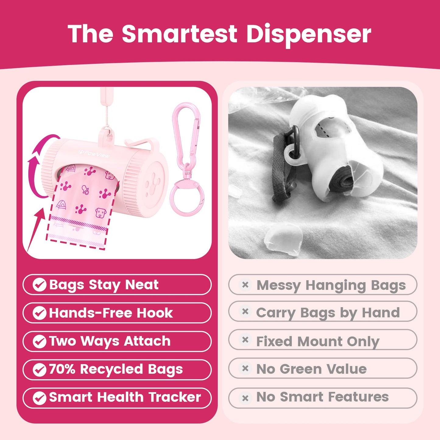 Smart Dog Poop Bag Dispenser – With Carabiner & Rotating Hook for Ultimate Flexibility | 105 Eco Bags & NFC Walk Tracker Included