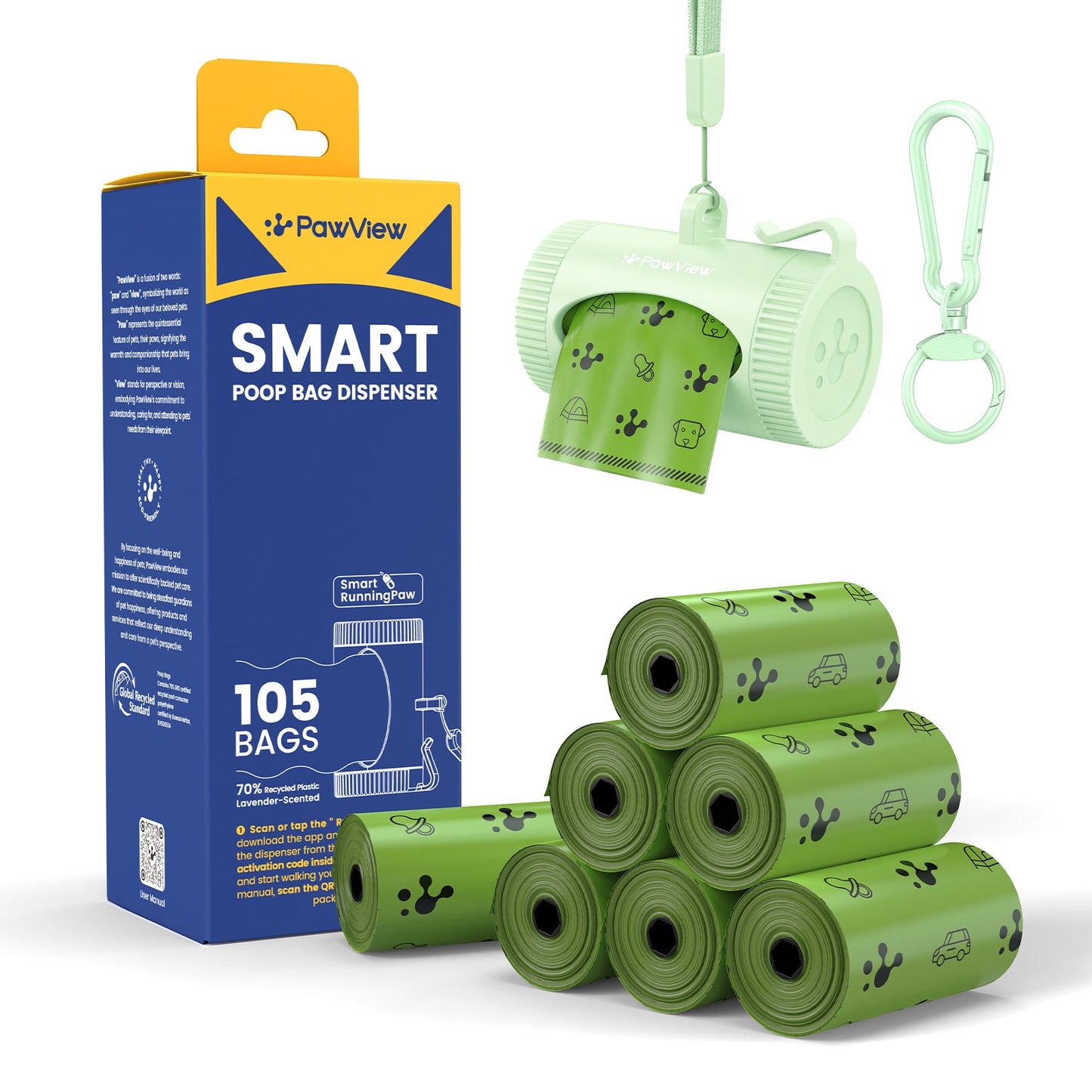 Smart Dog Poop Bag Dispenser – With Carabiner & Rotating Hook for Ultimate Flexibility | 105 Eco Bags & NFC Walk Tracker Included
