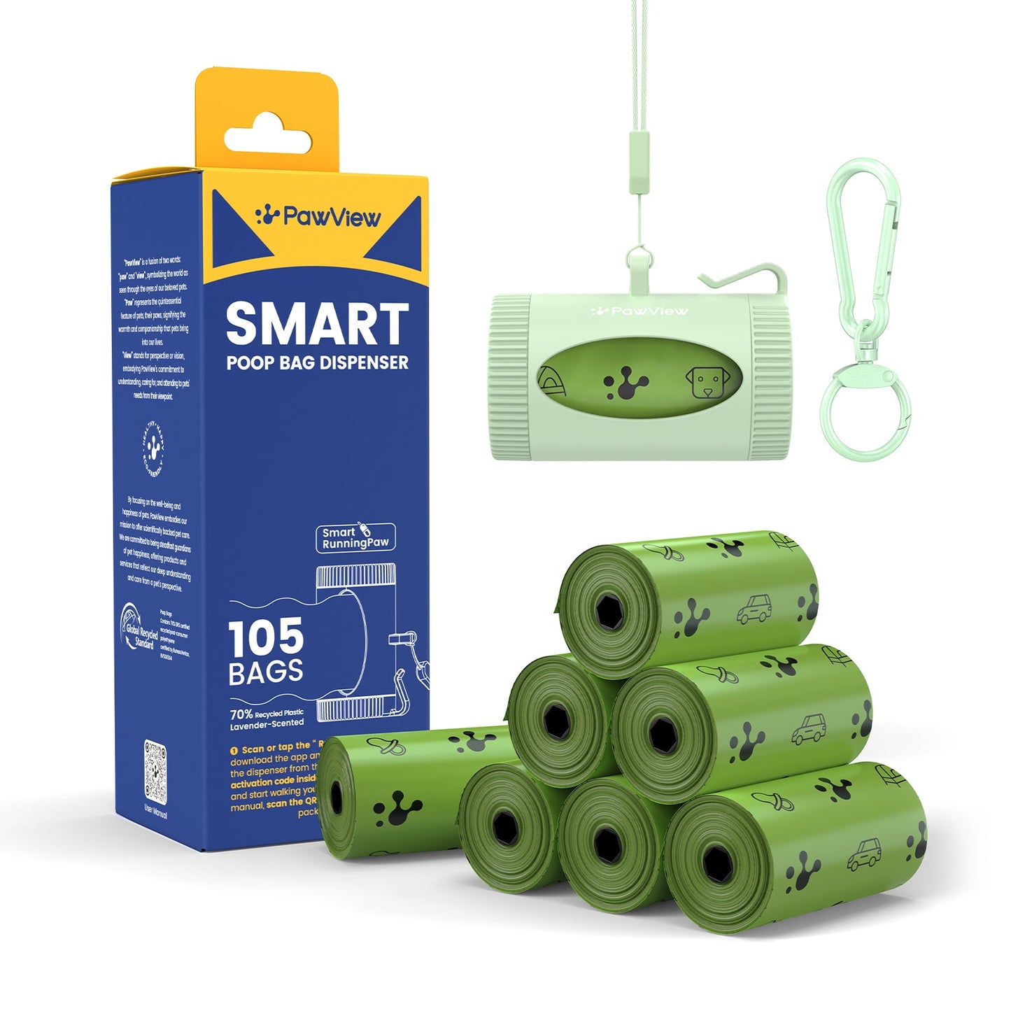 Smart Dog Poop Bag Dispenser – With Carabiner & Rotating Hook for Ultimate Flexibility | 105 Eco Bags & NFC Walk Tracker Included