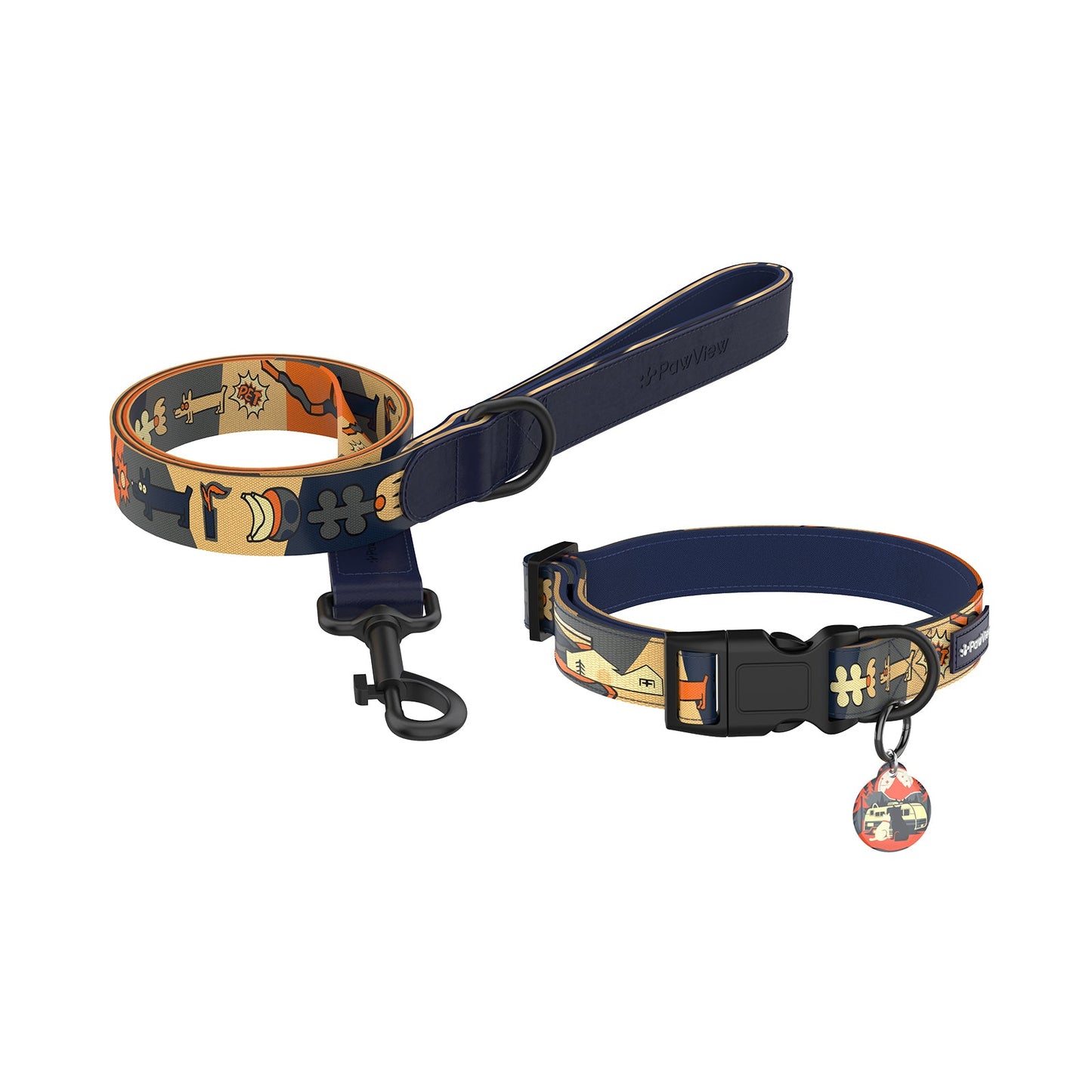 PawView Time Series Dog Collar & Leash with QR ID Tag – Night Sky Design